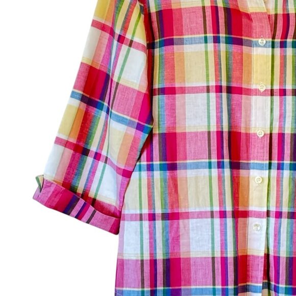 Talbots Irish Linen Madras Plaid Button Down Crisp Linen Pink and Blue Women's M - Picture 4 of 7